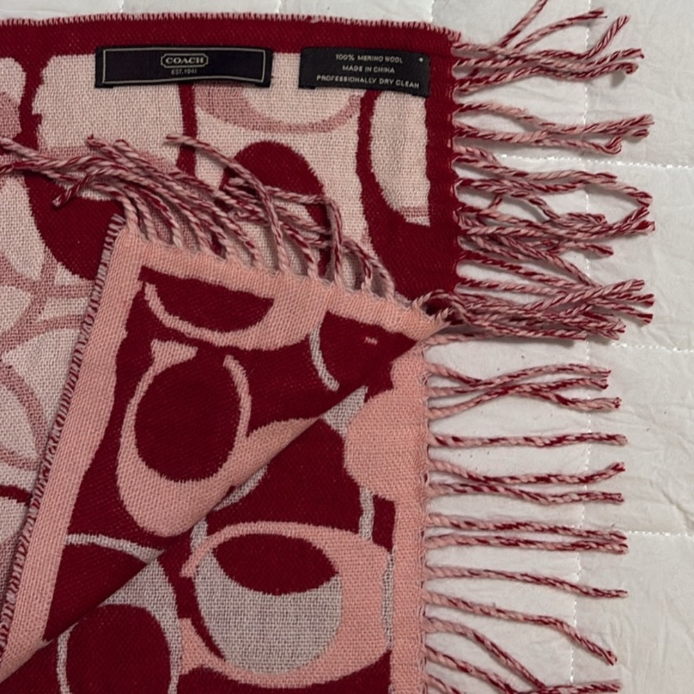 Coach Red and Pink Merino Wool Scarf